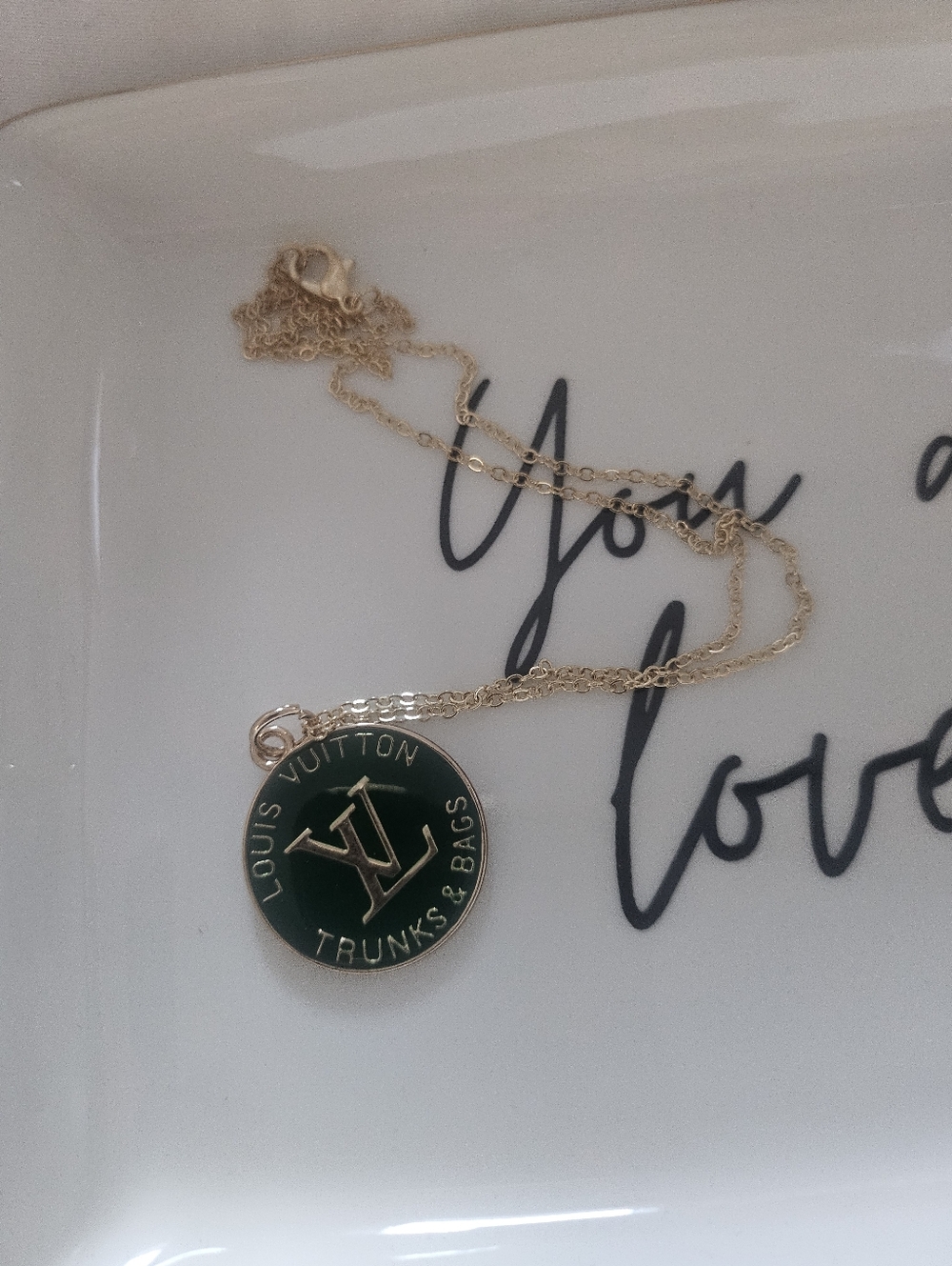 Trunks & Bags Small One Sided Gold Chain with Dark Green Enamel With Chain.